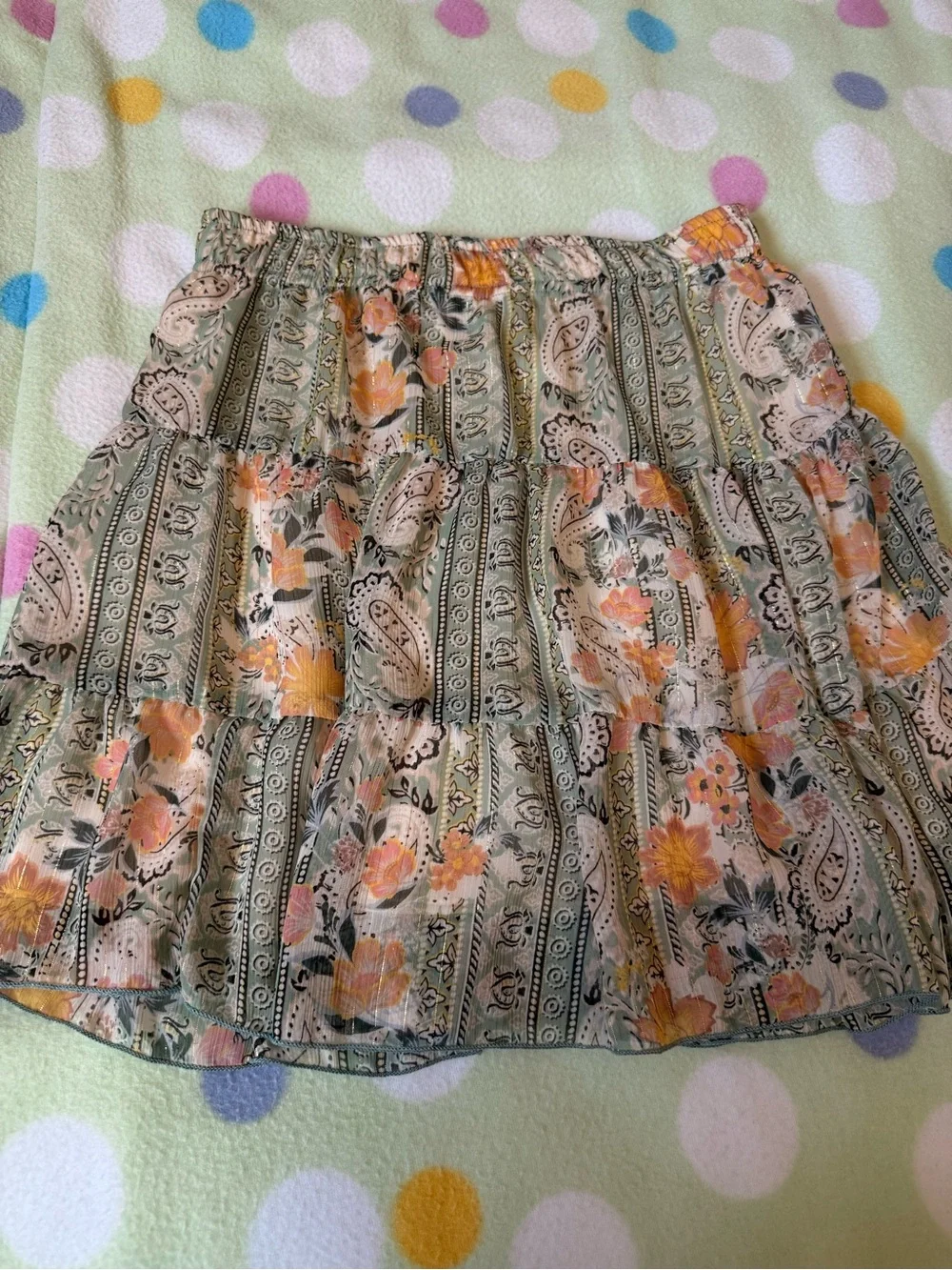 Altar'd State Sage Green Floral Tiered A-Line Skirt with Peach Accents - Picture 2 of 12